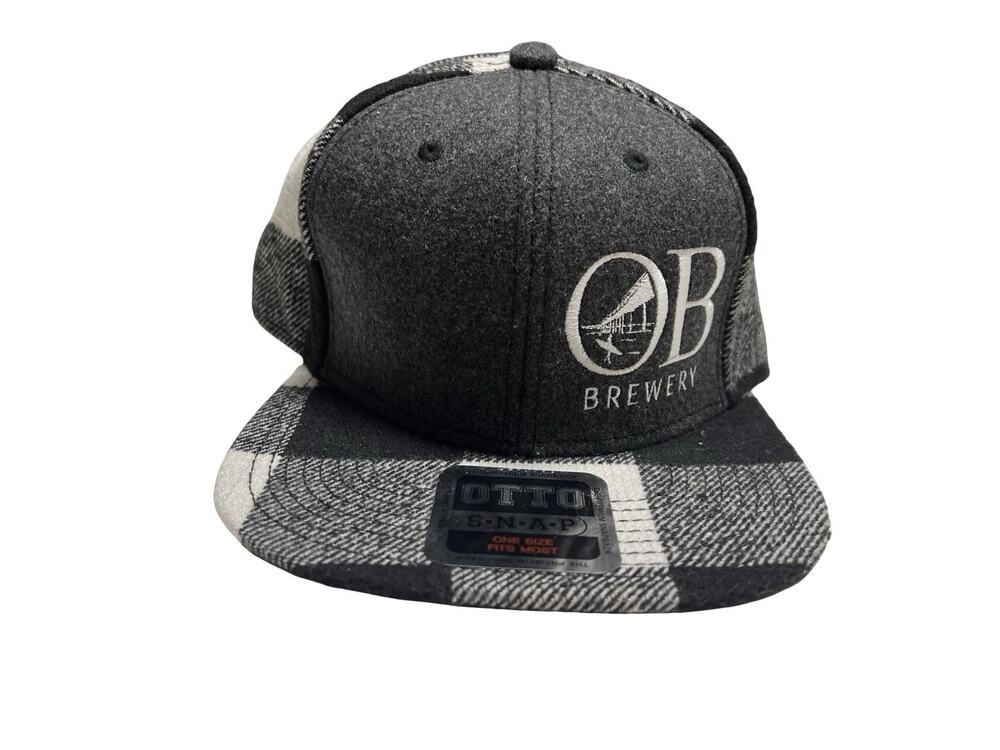 OB Ocean Beach Brewery Plaid Flannel Snapback Hat Black White Breweriana